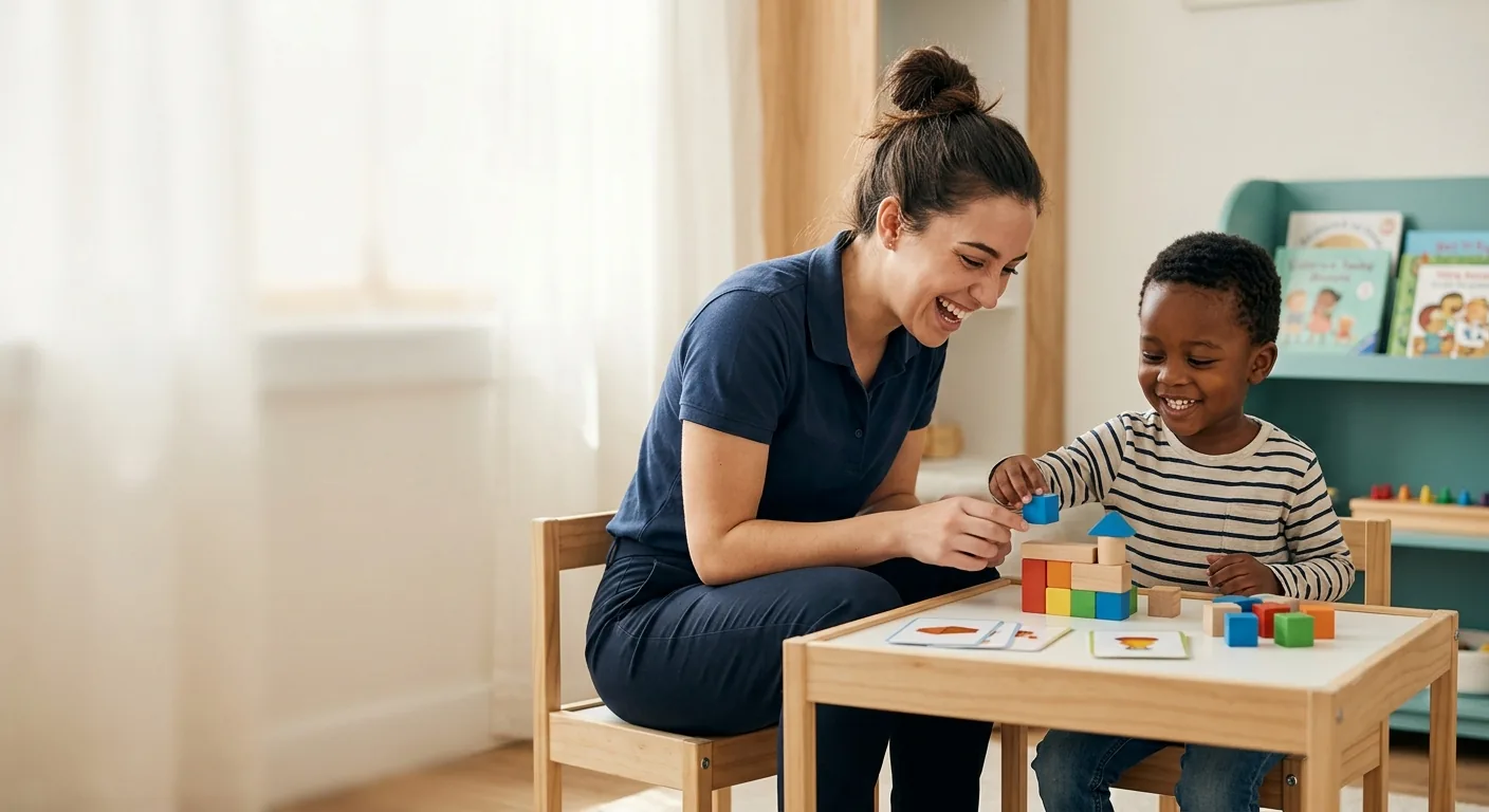 A smiling Registered Behavior Technician working with a young child on a play-based ABA learning activity with wooden blocks.
