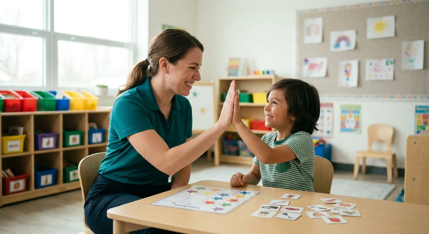 A Registered Behavior Technician high-fiving a smiling school-age child during a token-board ABA session in a bright classroom.